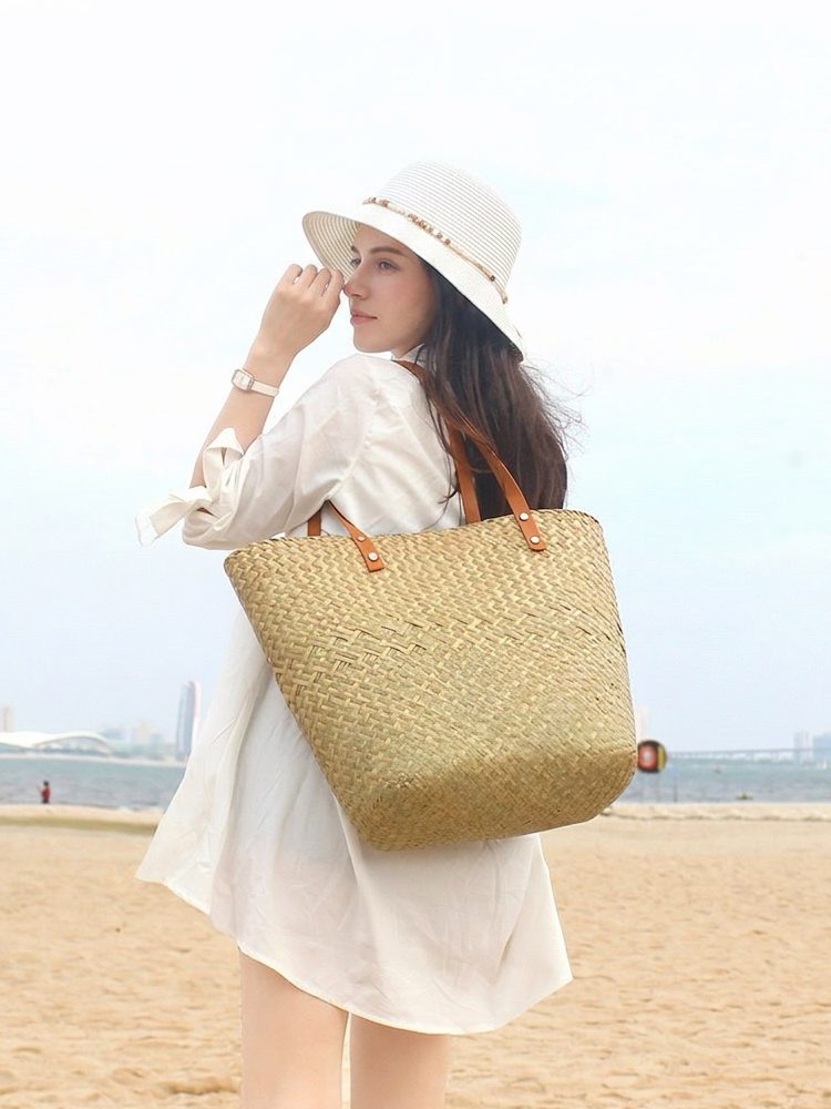 Minimalist Handmade Woven Straw Beach Tote Bag