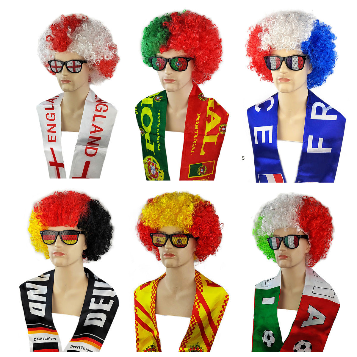National Flag Color Fan Costume Set – Afro Wig, Team Scarf & Sunglasses Supporter Kit for Football Events and Fan Parties