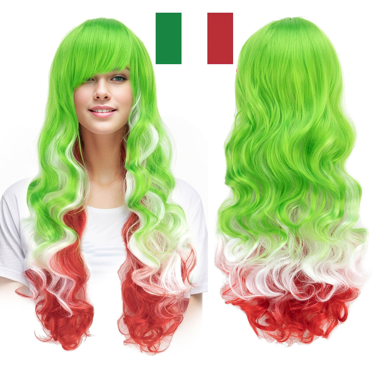 National Flag Gradient Long Curly Cosplay Wig – Women’s Football Fan Party Wig with Bangs, 70cm Heat-Resistant Fiber Hair