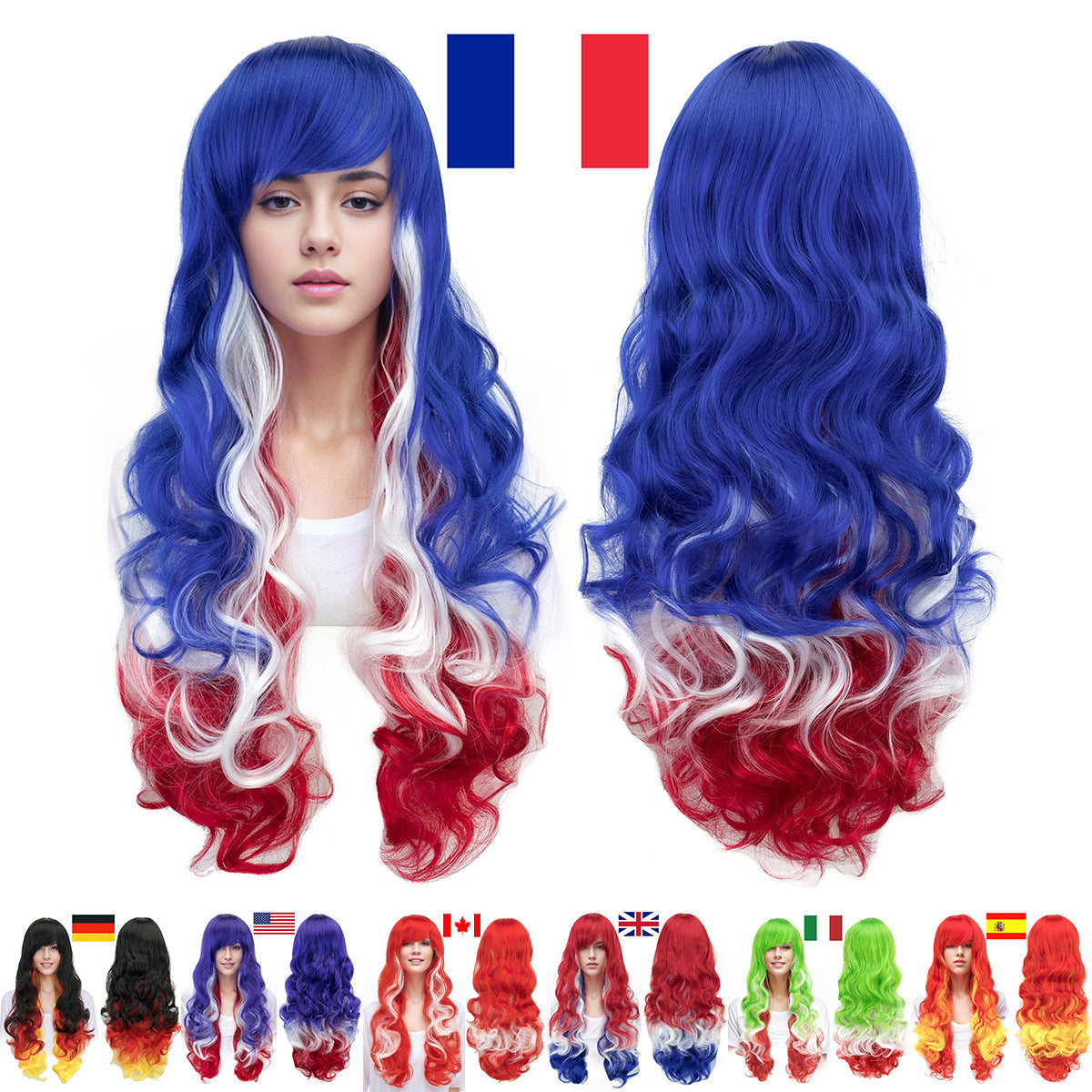 National Flag Gradient Long Curly Cosplay Wig – Women’s Football Fan Party Wig with Bangs, 70cm Heat-Resistant Fiber Hair
