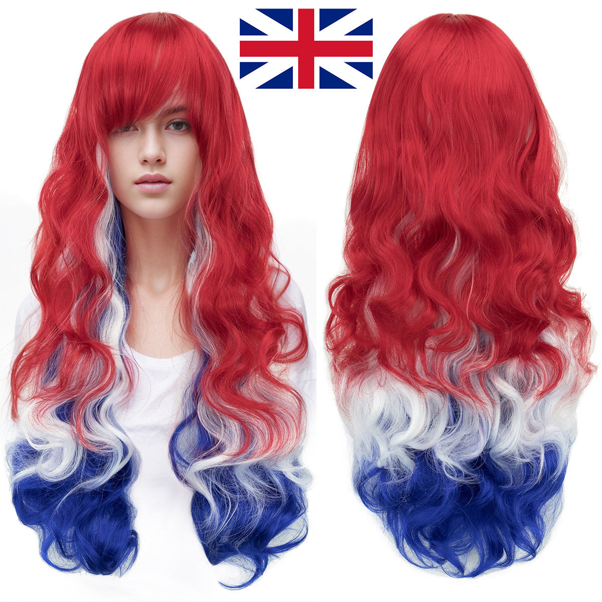 National Flag Gradient Long Curly Cosplay Wig – Women’s Football Fan Party Wig with Bangs, 70cm Heat-Resistant Fiber Hair
