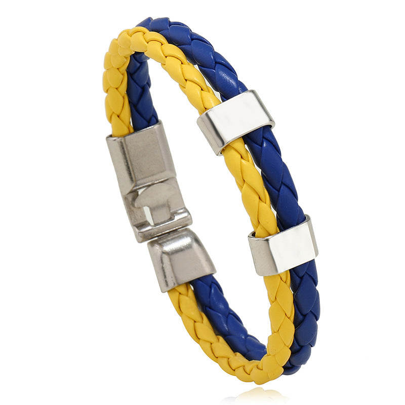 National Flag Leather Bracelet, PU Braided Wristband, Adjustable Country Color Fan Bracelet for Men and Women