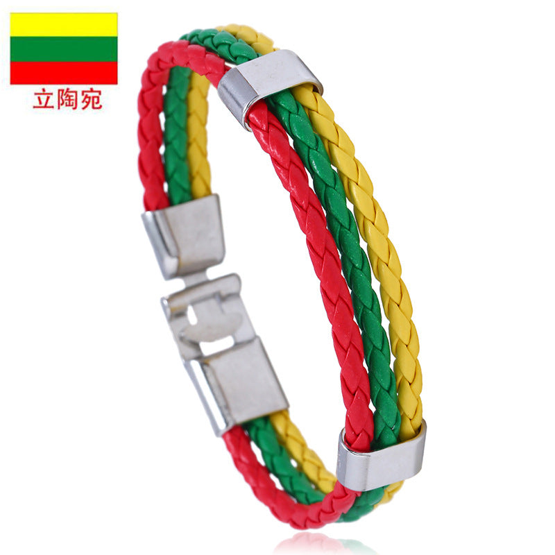 National Flag Leather Bracelet, PU Braided Wristband, Adjustable Country Color Fan Bracelet for Men and Women