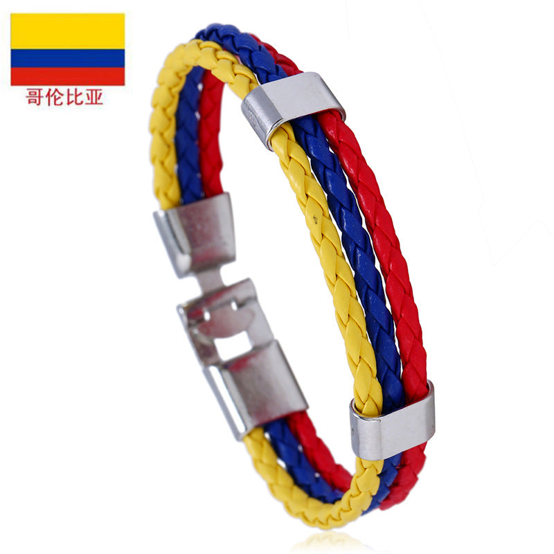National Flag Leather Bracelet, PU Braided Wristband, Adjustable Country Color Fan Bracelet for Men and Women
