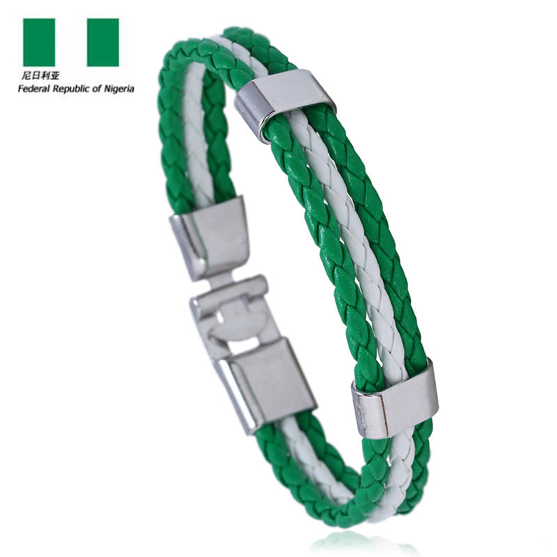 National Flag Leather Bracelet, PU Braided Wristband, Adjustable Country Color Fan Bracelet for Men and Women