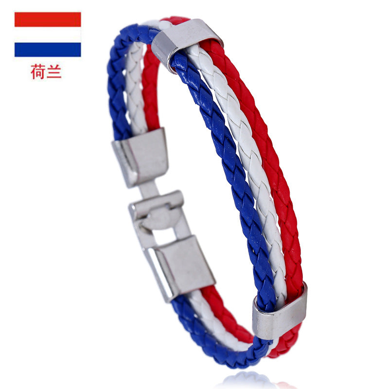 National Flag Leather Bracelet, PU Braided Wristband, Adjustable Country Color Fan Bracelet for Men and Women