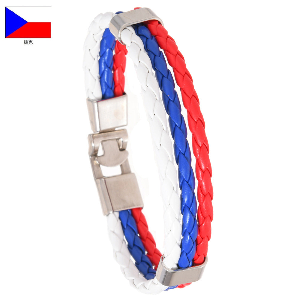 National Flag Leather Bracelet, PU Braided Wristband, Adjustable Country Color Fan Bracelet for Men and Women