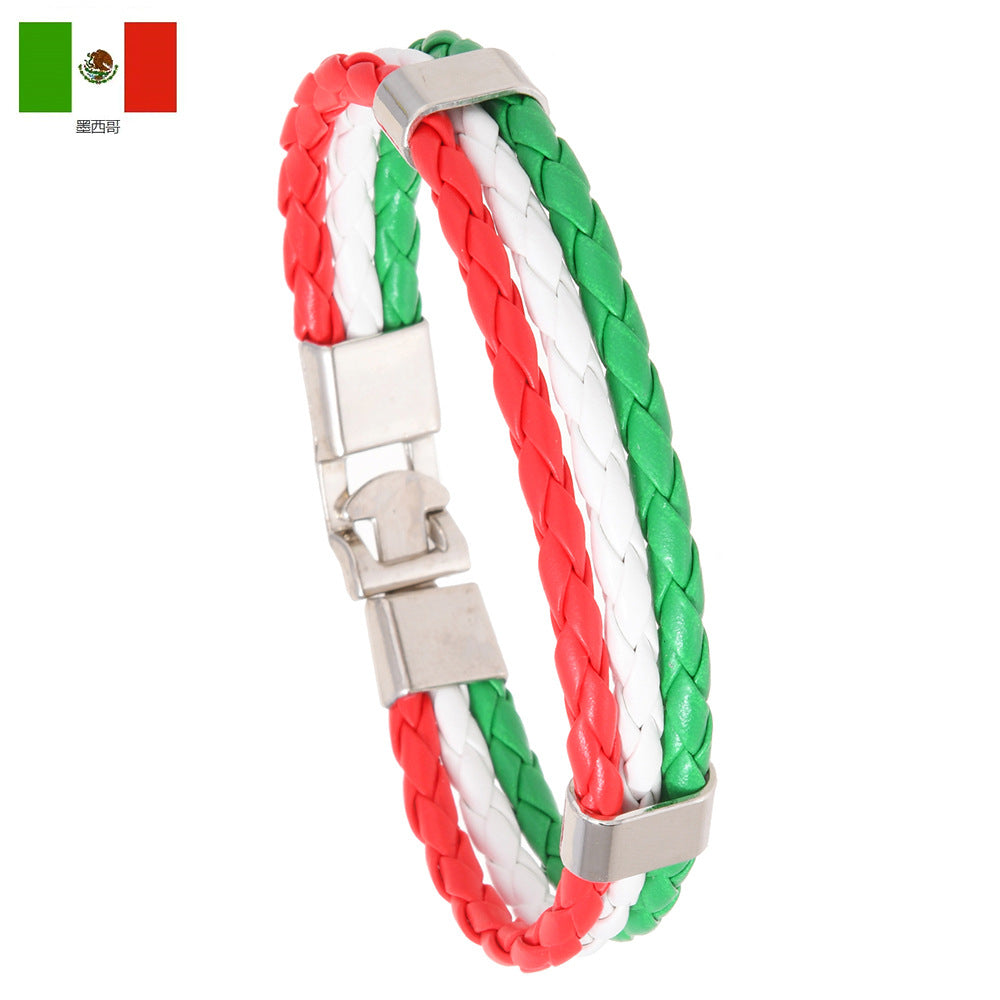 National Flag Leather Bracelet, PU Braided Wristband, Adjustable Country Color Fan Bracelet for Men and Women