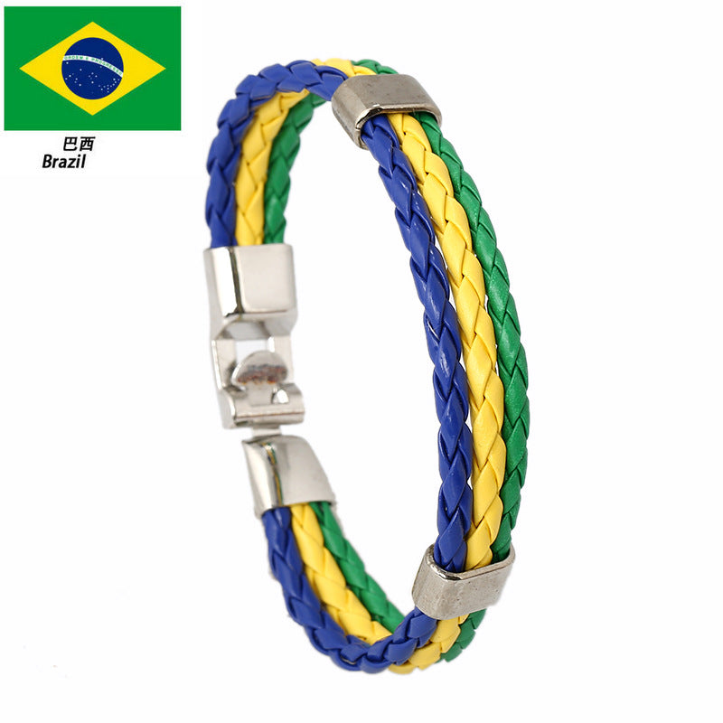 National Flag Leather Bracelet, PU Braided Wristband, Adjustable Country Color Fan Bracelet for Men and Women