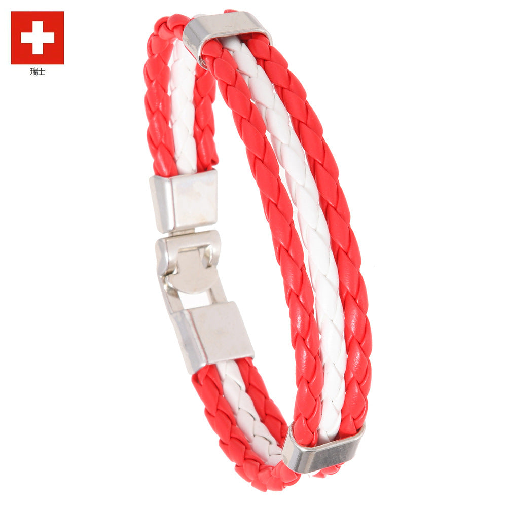National Flag Leather Bracelet, PU Braided Wristband, Adjustable Country Color Fan Bracelet for Men and Women