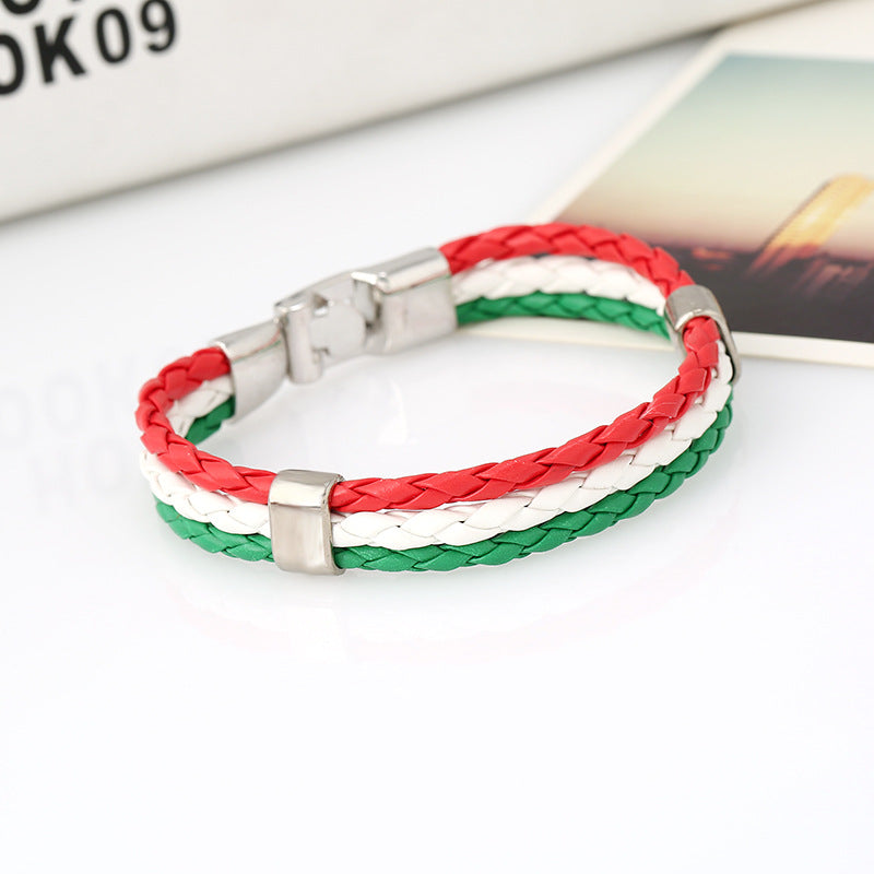 National Flag Leather Bracelet, PU Braided Wristband, Adjustable Country Color Fan Bracelet for Men and Women