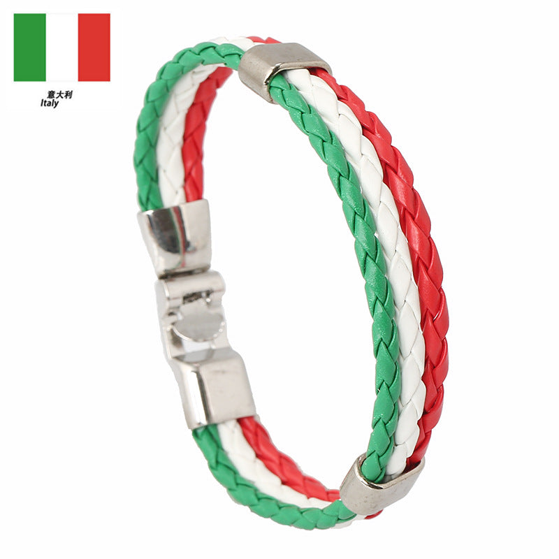 National Flag Leather Bracelet, PU Braided Wristband, Adjustable Country Color Fan Bracelet for Men and Women