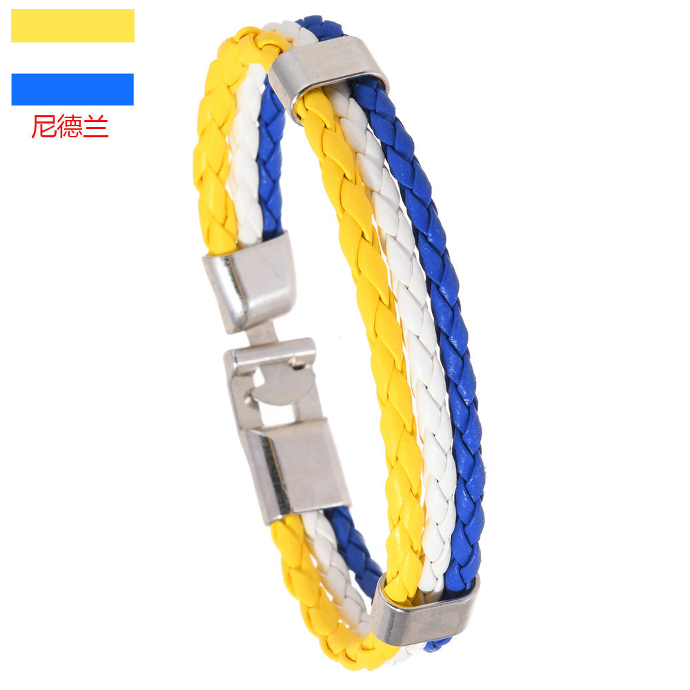 National Flag Leather Bracelet, PU Braided Wristband, Adjustable Country Color Fan Bracelet for Men and Women