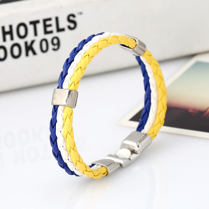 National Flag Leather Bracelet, PU Braided Wristband, Adjustable Country Color Fan Bracelet for Men and Women