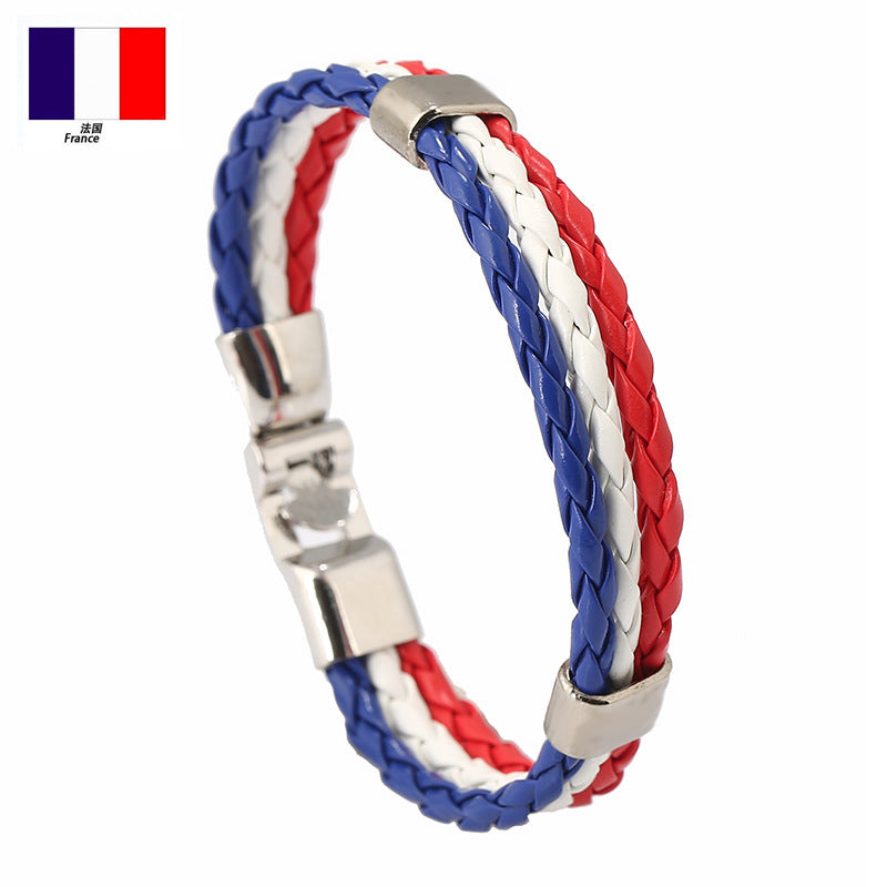 National Flag Leather Bracelet, PU Braided Wristband, Adjustable Country Color Fan Bracelet for Men and Women