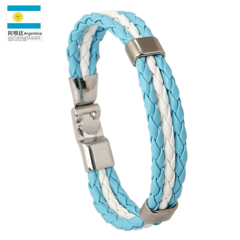 National Flag Leather Bracelet, PU Braided Wristband, Adjustable Country Color Fan Bracelet for Men and Women