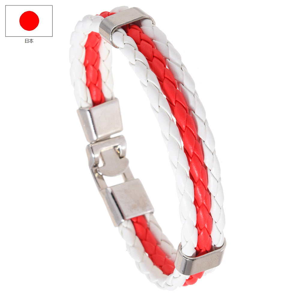 National Flag Leather Bracelet, PU Braided Wristband, Adjustable Country Color Fan Bracelet for Men and Women