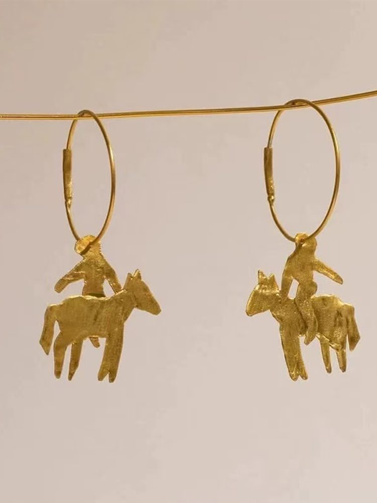 Nomadic Horse Rider 18K Gold Plated Vintage Earrings Dangle