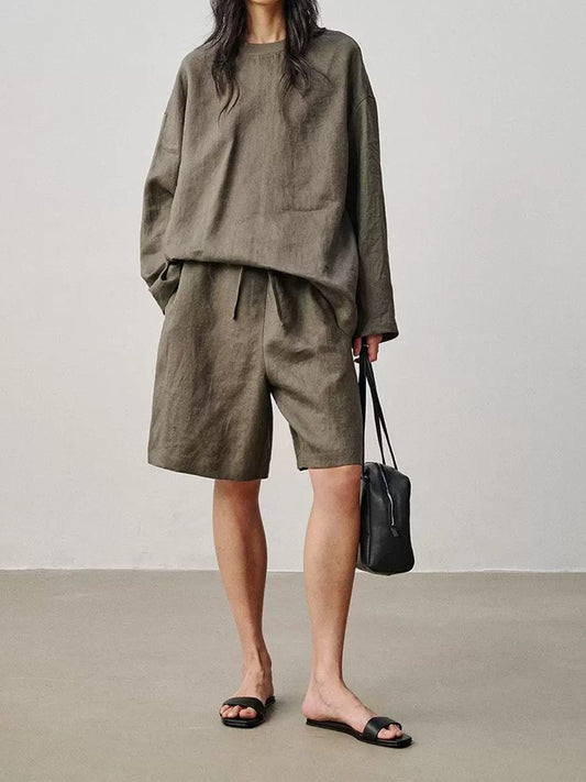 Old Money Minimalist Heavyweight Linen Shirt & Shorts Set Green