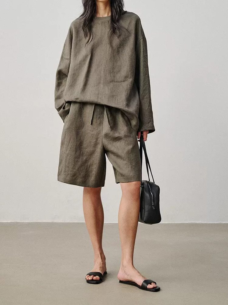Old Money Minimalist Heavyweight Linen Shirt & Shorts Set Green