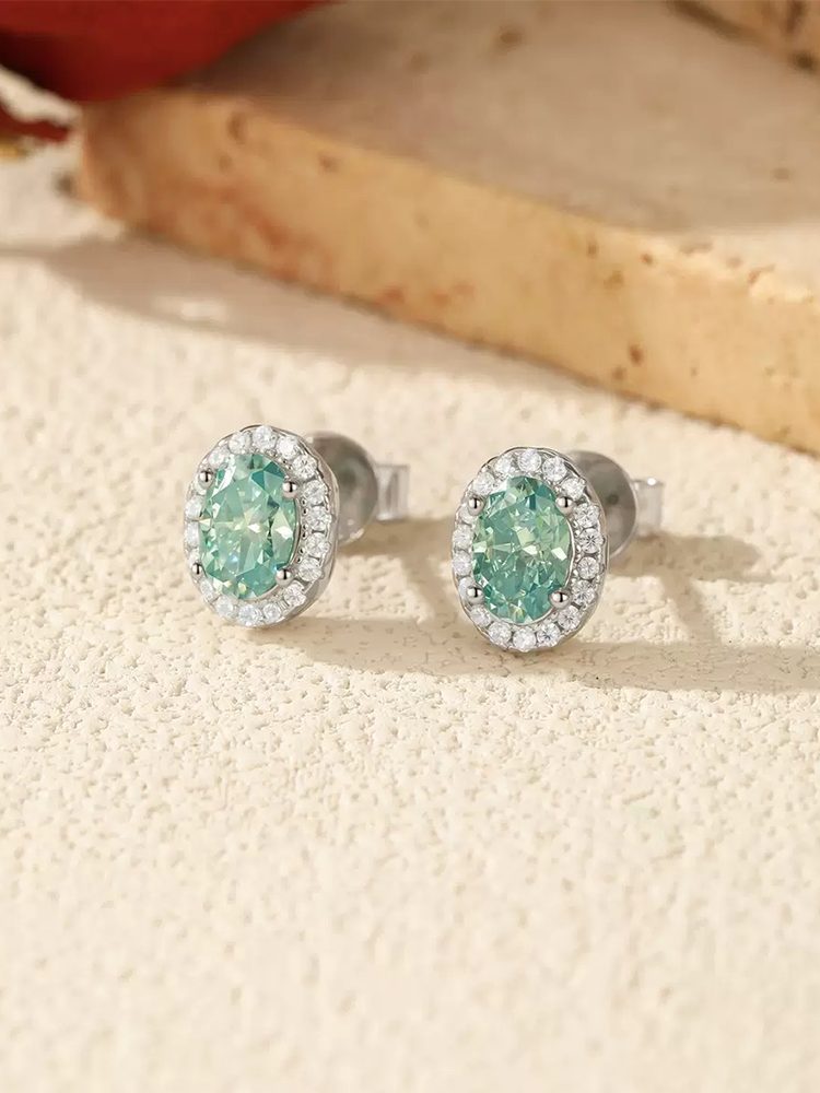 Oval Green Moissanite Studs in S925 Silver