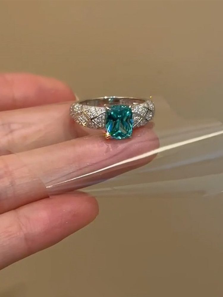 Paraiba-Inspired Ice-Cut CZ Ring, Silver Plated Geometric Statement Ring with High Carbon Cubic Zirconia