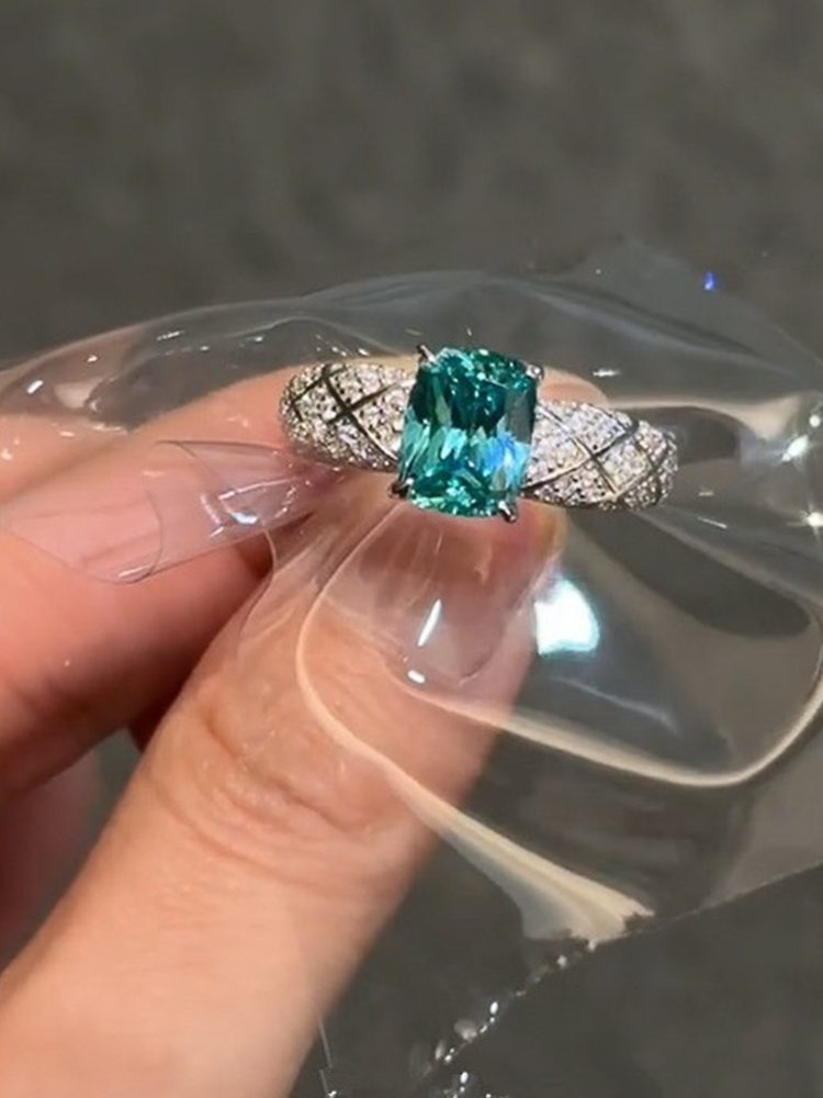 Paraiba-Inspired Ice-Cut CZ Ring, Silver Plated Geometric Statement Ring with High Carbon Cubic Zirconia