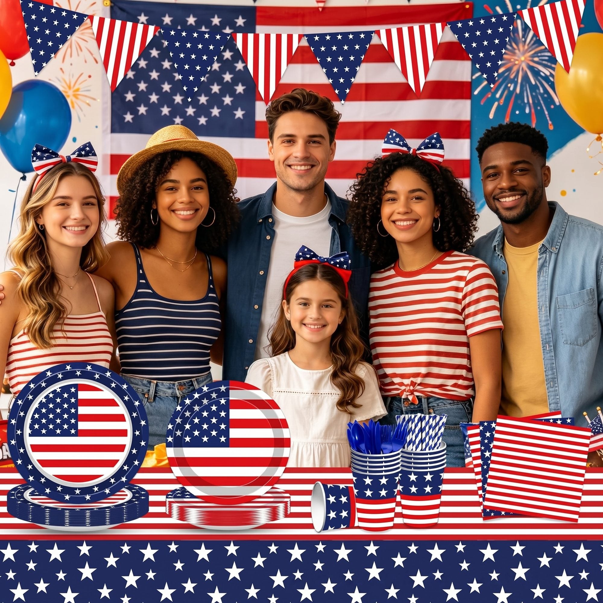 Patriotic Party Tableware Set, 92-Piece Red White Blue Disposable Dinnerware Kit, Plates Cups Napkins Tablecloth & Banner for Party Decoration