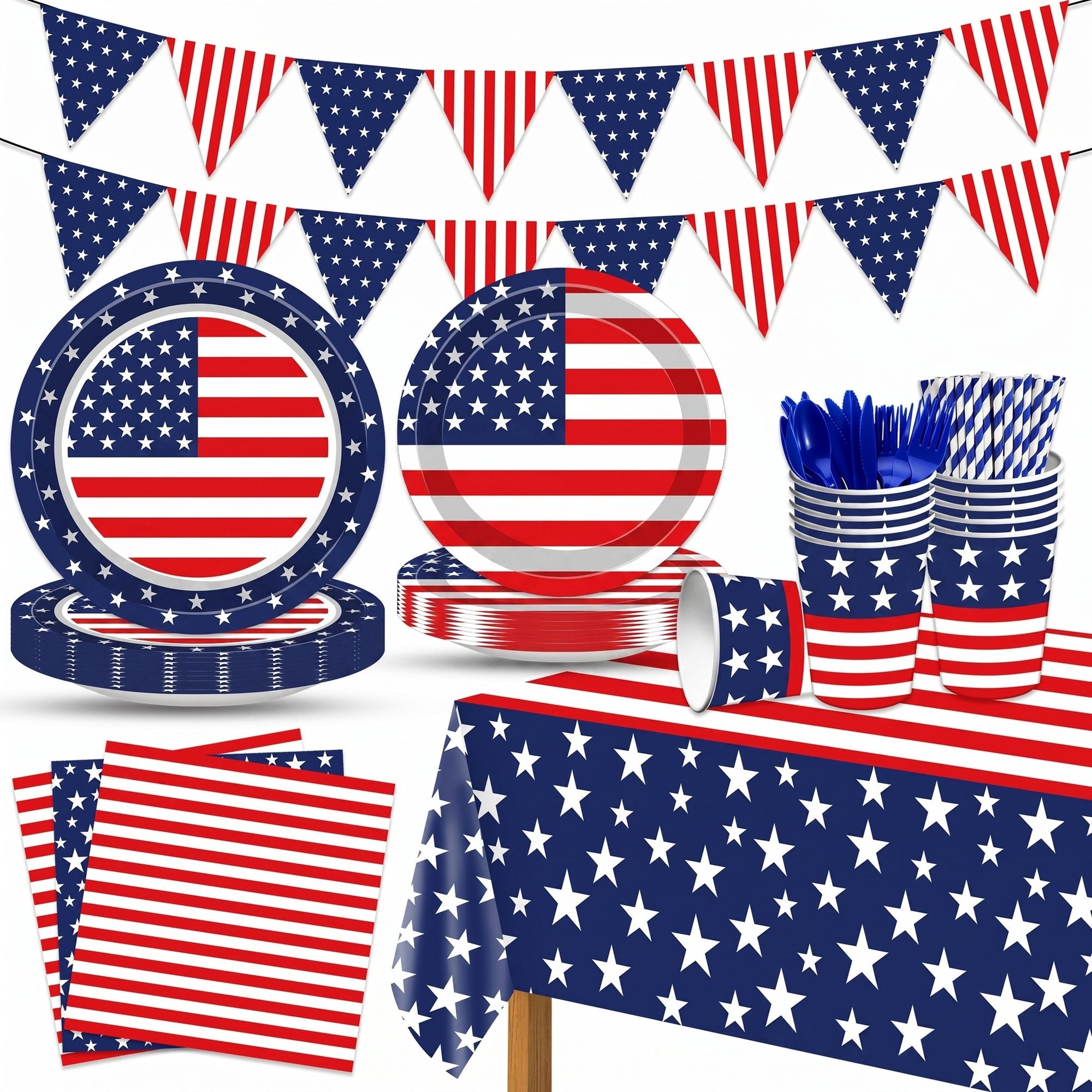 Patriotic Party Tableware Set, 92-Piece Red White Blue Disposable Dinnerware Kit, Plates Cups Napkins Tablecloth & Banner for Party Decoration