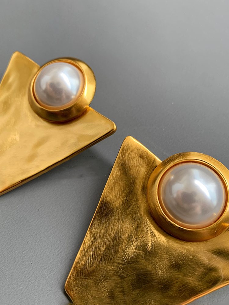 Retro Gold White Pearl Statement Earrings for Women