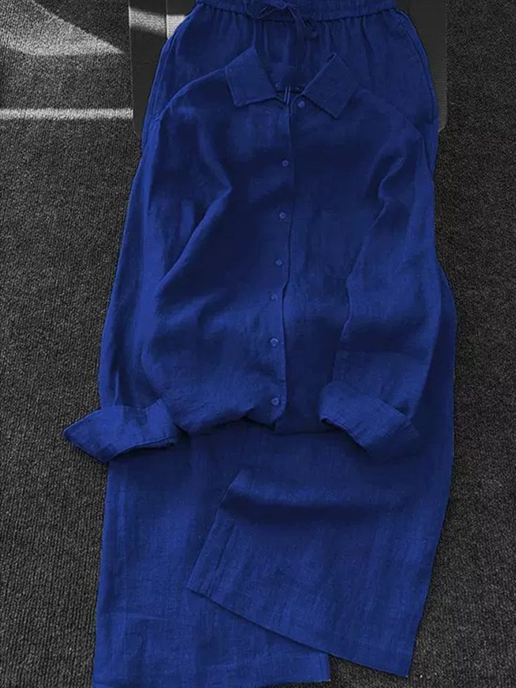 Silk-Luster Navy Blue Shirt & Wide-Leg Pants Set
