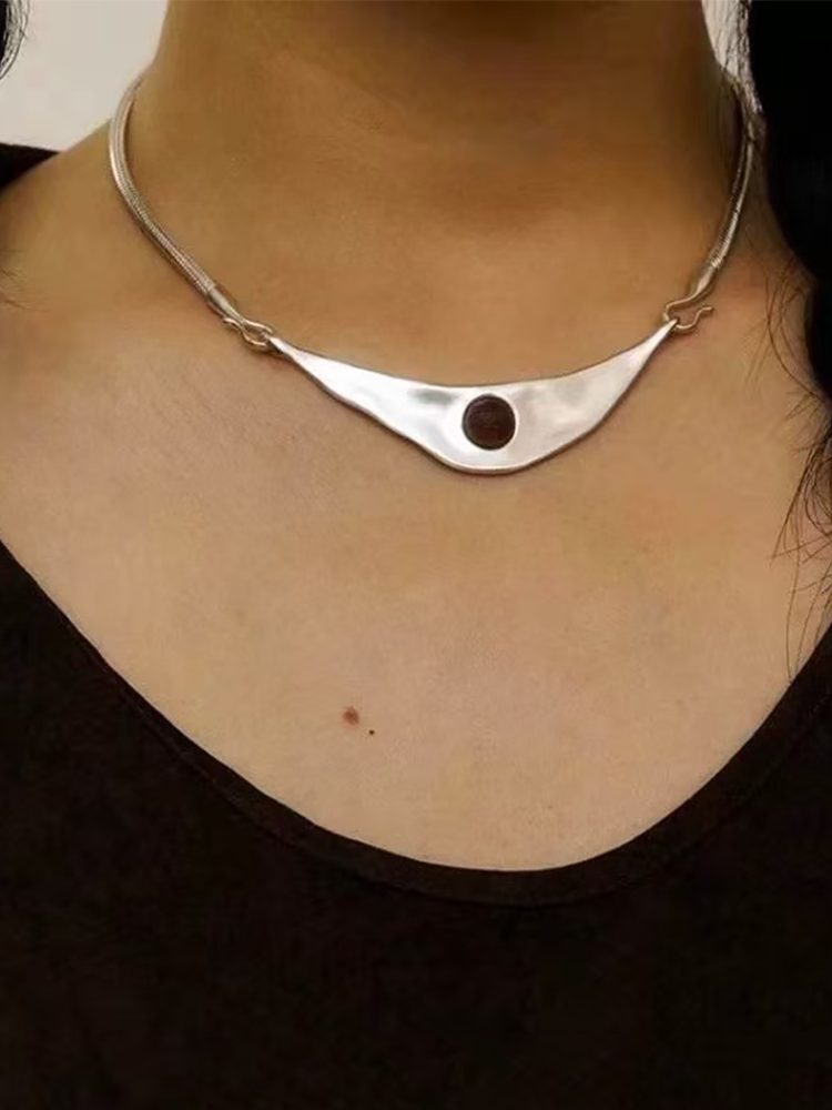 Silver Stainless Steel Choker Necklace with Stone Accents Set earring