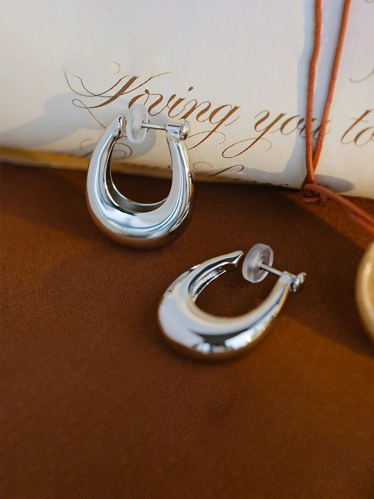 Silver Stainless Steel Hoop Clip Earrings Screw Back Clip-On Earrings