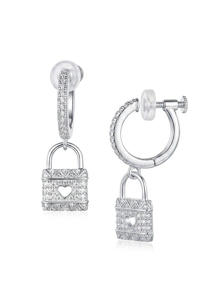 Stainless Steel Gold Heart Lock Hoop Earrings with Zircon Screw Back Clip-On Earrings