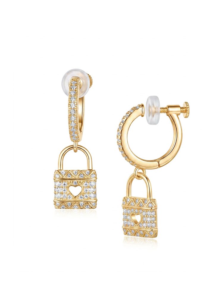 Stainless Steel Gold Heart Lock Hoop Earrings with Zircon Screw Back Clip-On Earrings