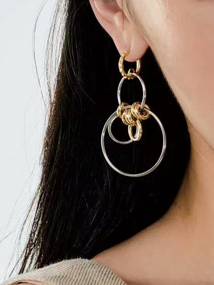 Stainless Steel Long Modern Hoop Earrings – Gypsy-Inspired, Mixed Gold & Silver Dangle