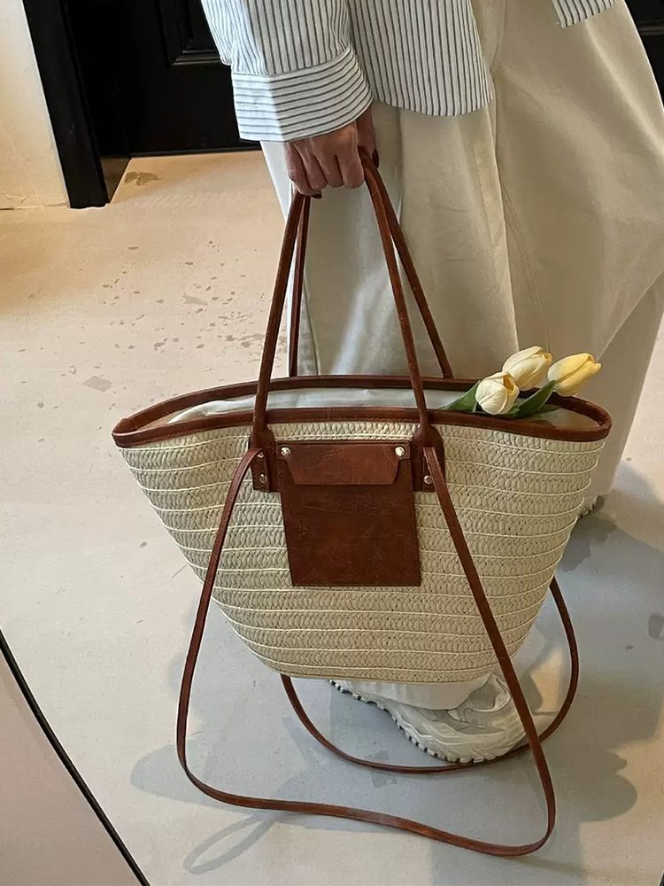Summer Designer Black Weave Handbag Leather Spliced Tote Bag