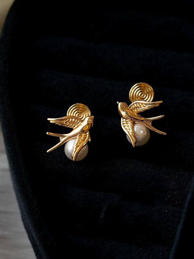 Swallow pearl earrings S926 Studs & Clip-On Earrings (No Pie — 18K Gold Plated Jewelry | Fairies Whisper