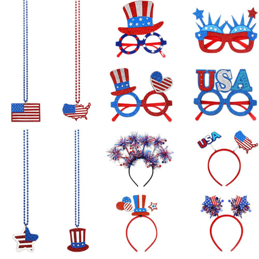 USA Patriotic Party Accessory Set - Flag Top Hat Headband Glasses & Necklace Kit for Independence Day Parades Celebrations and Events
