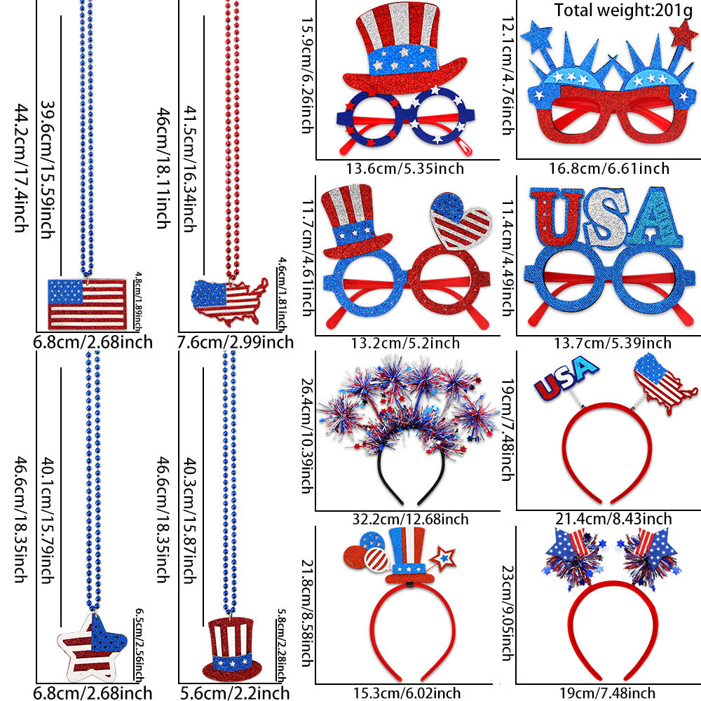 USA Patriotic Party Accessory Set - Flag Top Hat Headband Glasses & Necklace Kit for Independence Day Parades Celebrations and Events