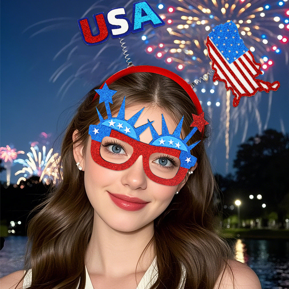 USA Patriotic Party Accessory Set - Flag Top Hat Headband Glasses & Necklace Kit for Independence Day Parades Celebrations and Events