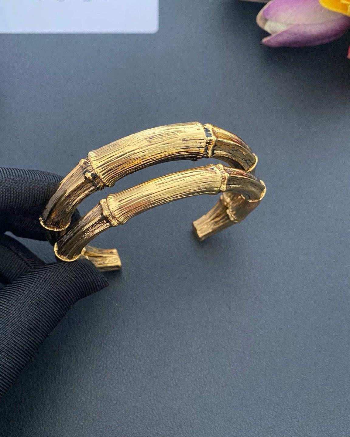 Vintage Bamboo Bracelet Gold Color  Big