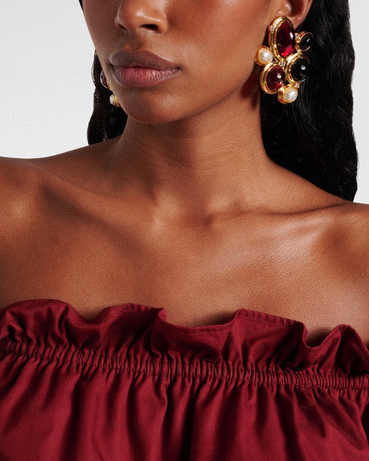 Vintage Big Earrings Gold Color Red Black Clip on