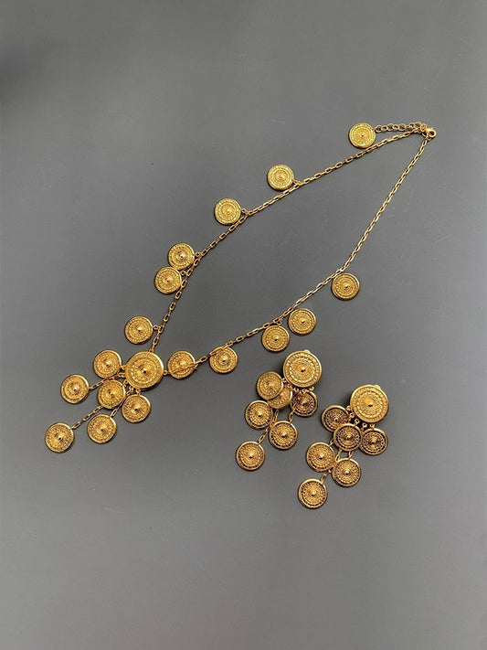 Vintage Coin Statement Clip On Earrings & French Retro Long Necklace