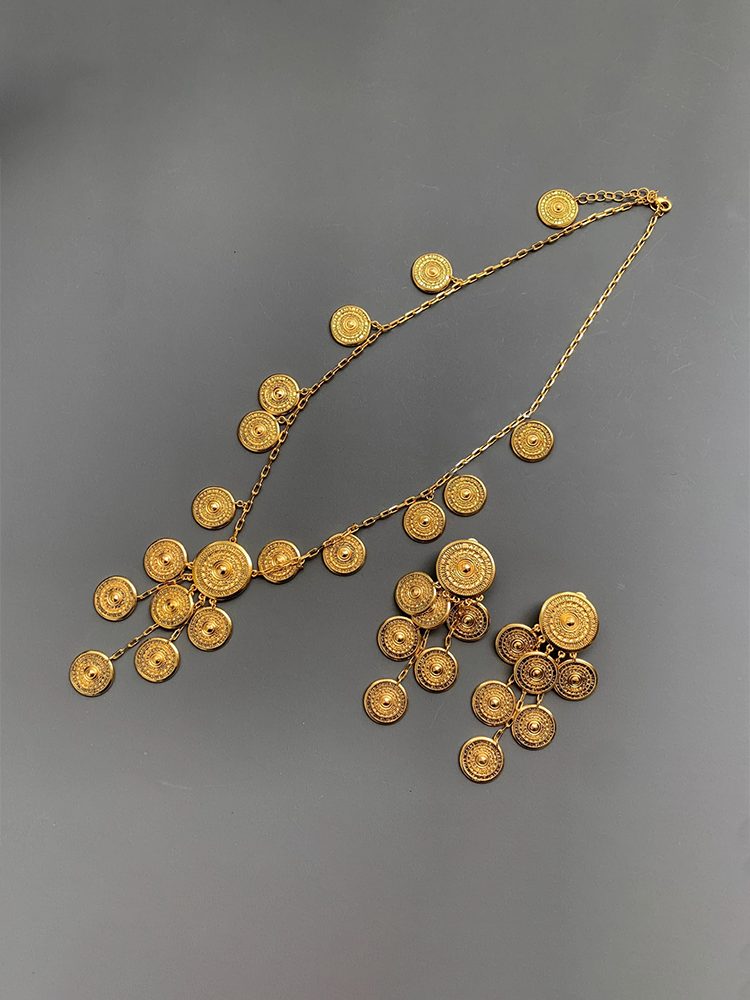 Vintage Coin Statement Clip On Earrings & French Retro Long Necklace