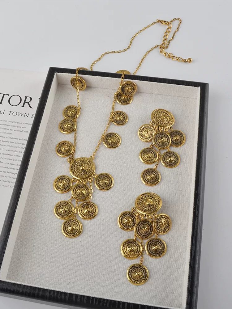 Vintage Coin Statement Clip On Earrings & French Retro Long Necklace