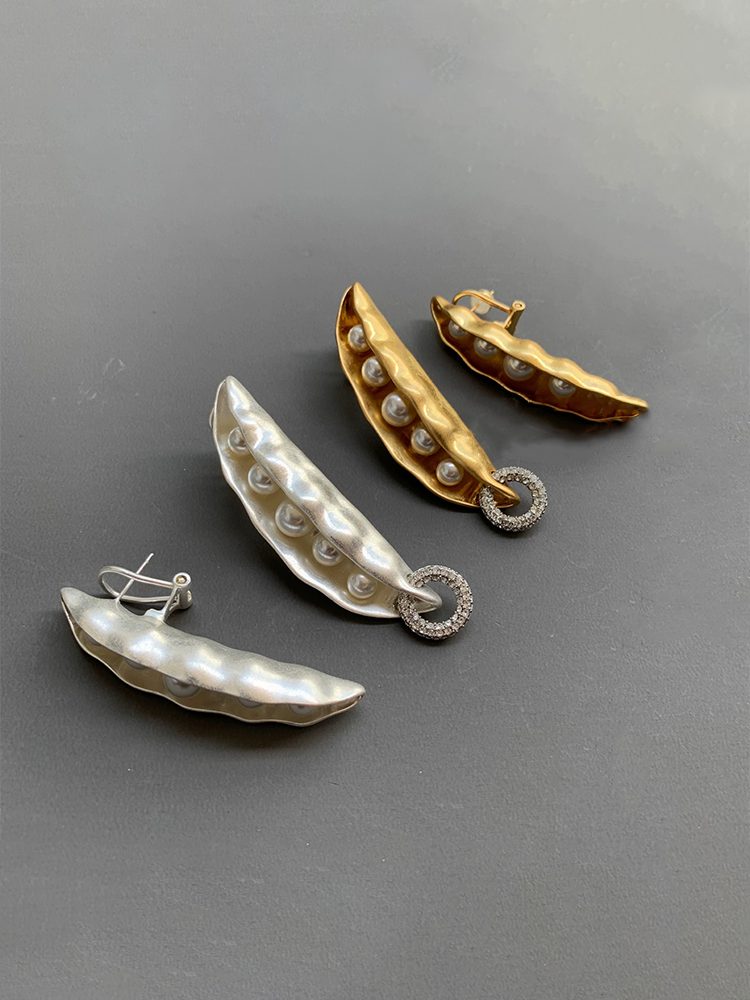 Vintage Pod Pearl & Zircon Asymmetrical Earrings Gold Silver Women Large