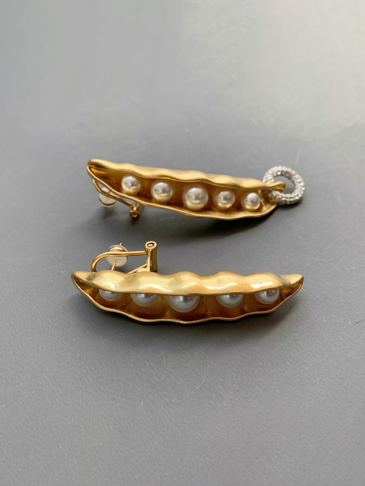 Vintage Pod Pearl & Zircon Asymmetrical Earrings Gold Silver Women Large