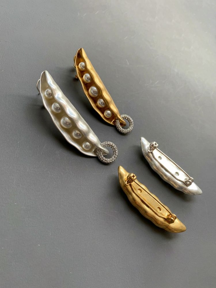 Vintage Pod Pearl & Zircon Asymmetrical Earrings Gold Silver Women Large