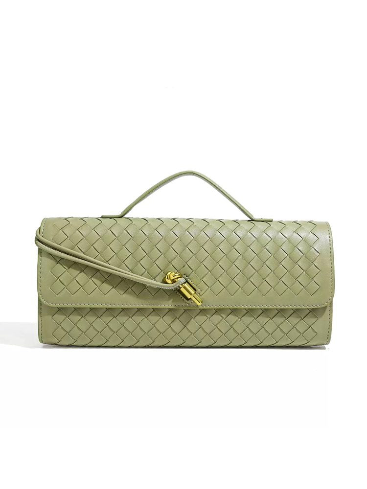 Woven Top-Handle Chain Evening Bag Brown Green